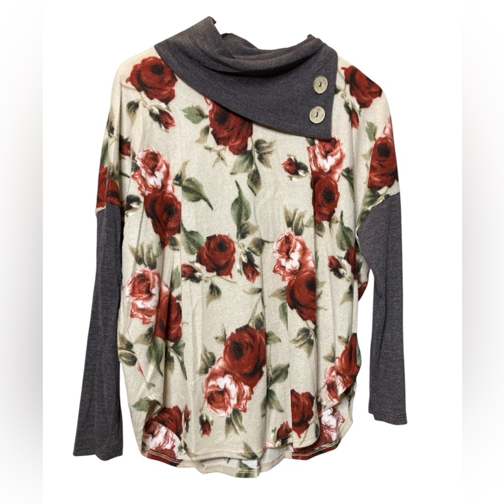 Chris & Carol Floral Cowl Neck Sweater - Gray, Tan and Red